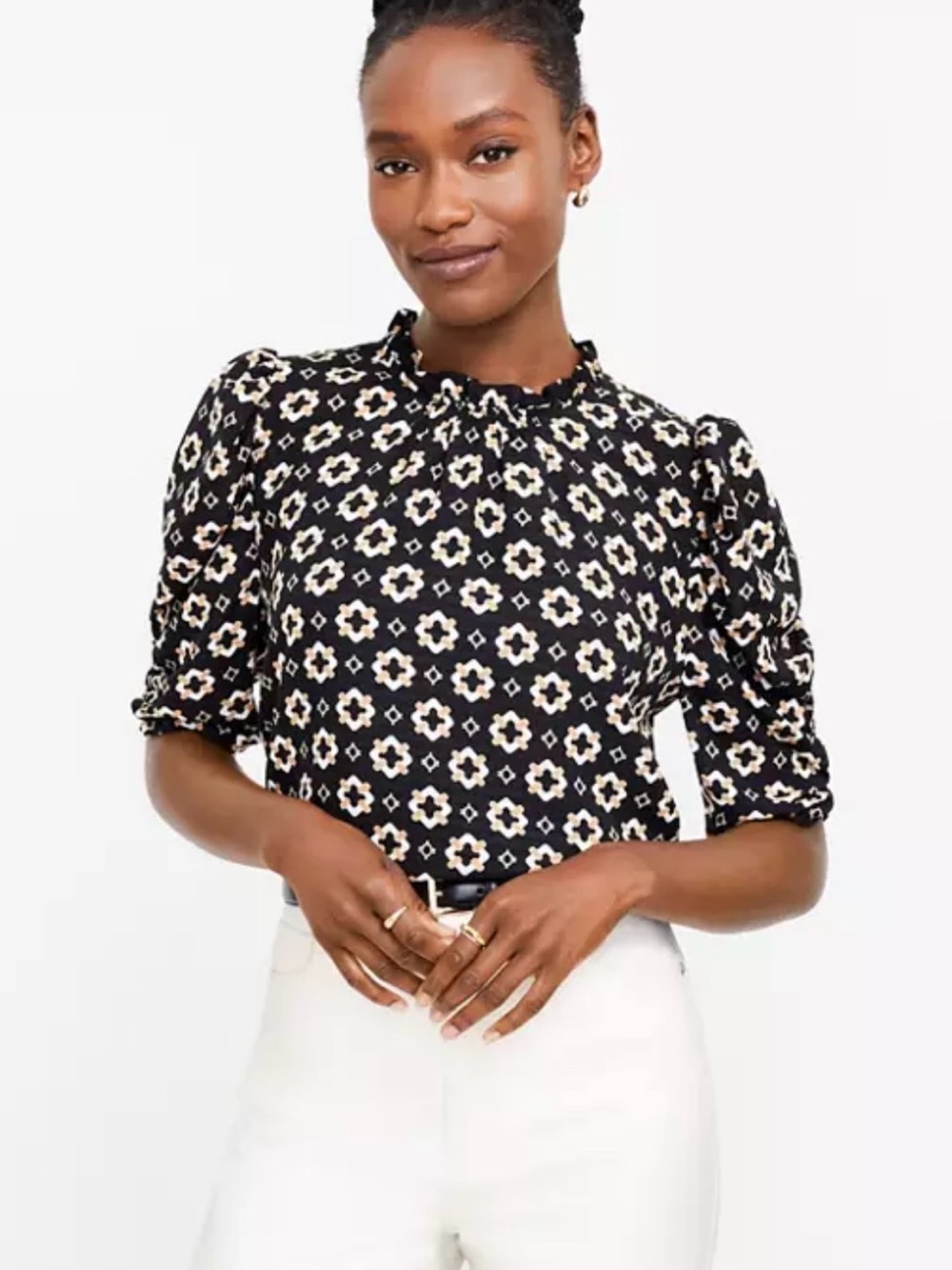 LOFT Black Floral Puff-Sleeve Mock-Neck Blouse